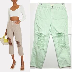 NWT L'AGENCE 90s High Rise Mint Green Denim Rip Knee Ankle Crop Straight Jean 25